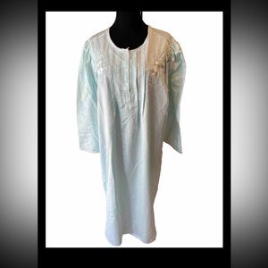 Miss Elaine NWT Midi Satin Flannel Blue Nightgown Large Embroidered